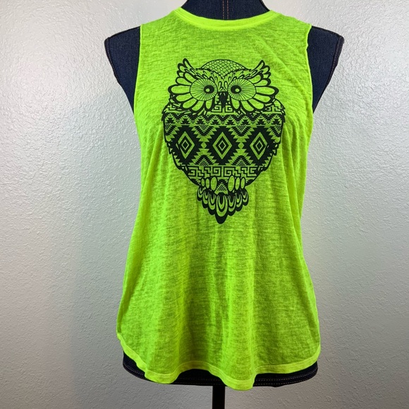 No Boundaries Tops - No Boundaries Neon Yellow Lime Tank Top with Owl